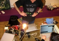 In the Lab: Adrien and Julien tweaking an Arduino board to develop an i2C Bus system to command Peggy from a Mac